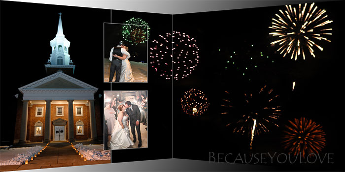 Wedding fireworks with bride and groom in foreground portrayed in an album layout.